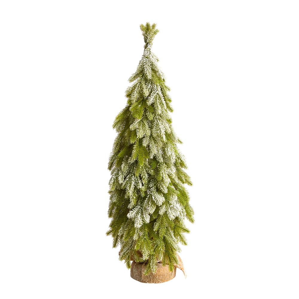 35in. Snow Flocked Down Swept Holiday Artificial Christmas Tree in Burlap Base. Picture 1