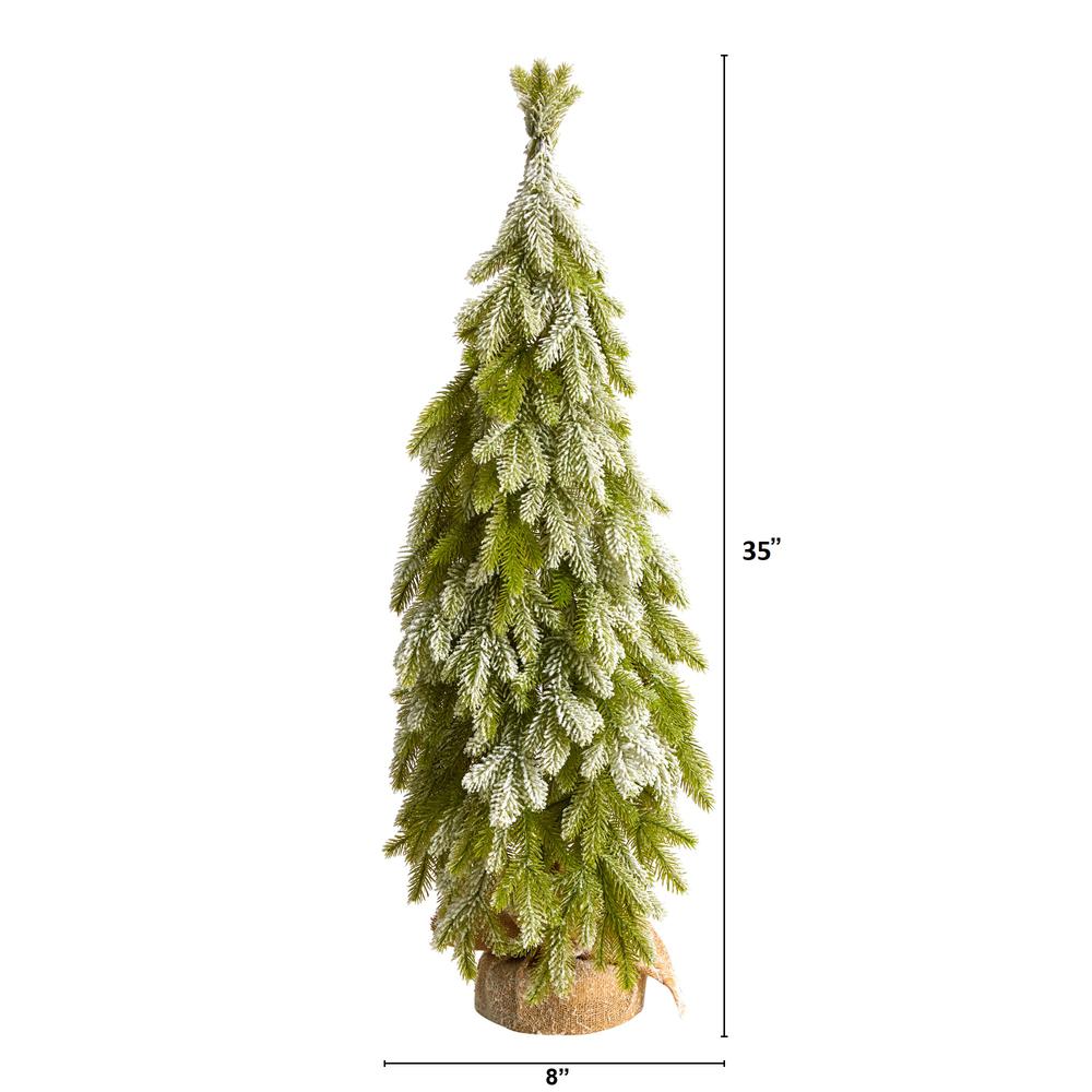 35in. Snow Flocked Down Swept Holiday Artificial Christmas Tree in Burlap Base. Picture 2