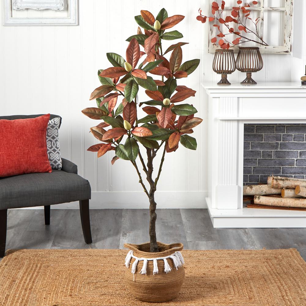 5ft. Artificial Fall Magnolia Tree with Handmade Jute & Cotton Basket. Picture 4
