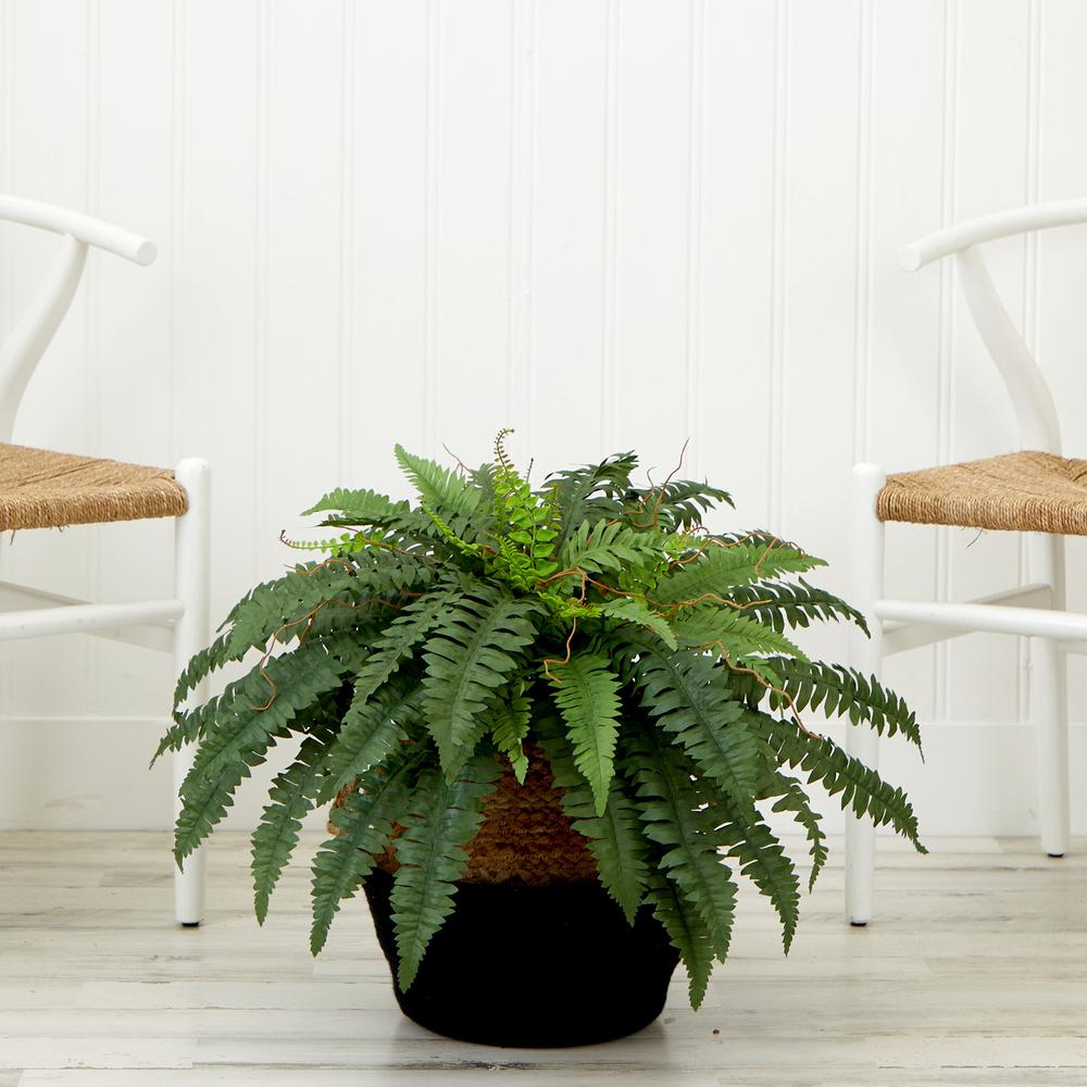 23in. Artificial Boston Fern Plant with Handmade Jute & Cotton Basket DIY KIT. Picture 4