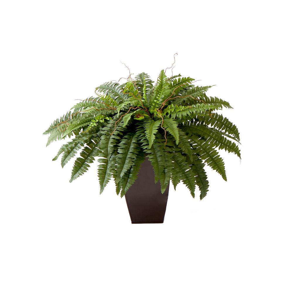23in. Artificial Boston Fern Plant with Tapered Bronze Square Metal Planter. Picture 1