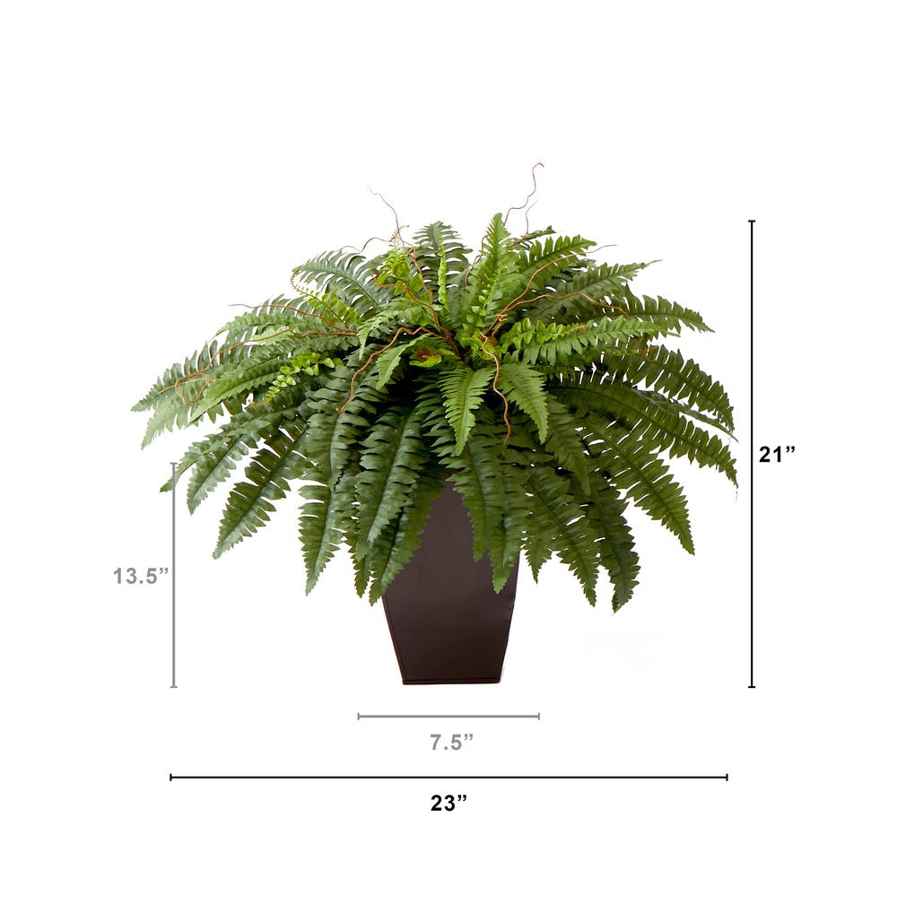 23in. Artificial Boston Fern Plant with Tapered Bronze Square Metal Planter. Picture 2