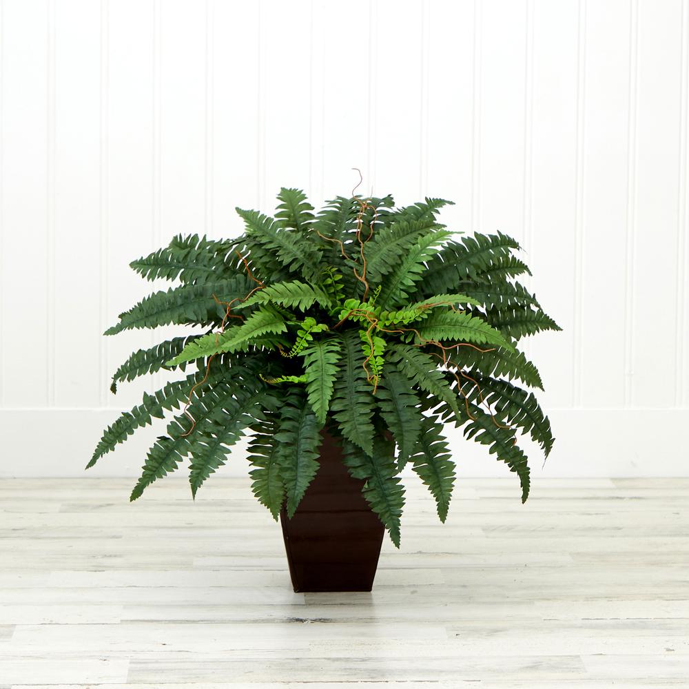 23in. Artificial Boston Fern Plant with Tapered Bronze Square Metal Planter. Picture 3