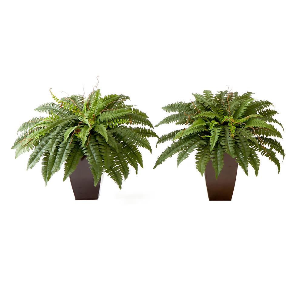 23in. Artificial Boston Fern Plant with Tapered Bronze Square Metal Planter. Picture 7