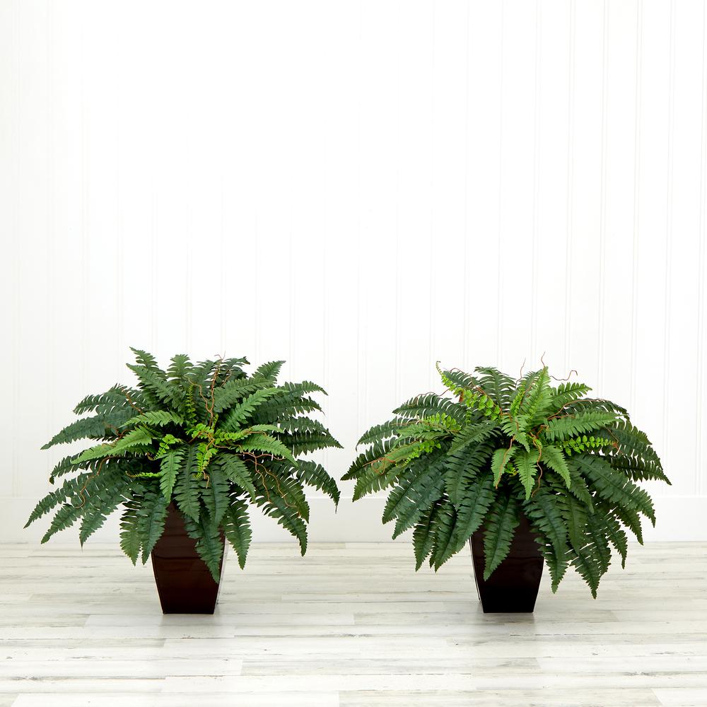 23in. Artificial Boston Fern Plant with Tapered Bronze Square Metal Planter. Picture 5