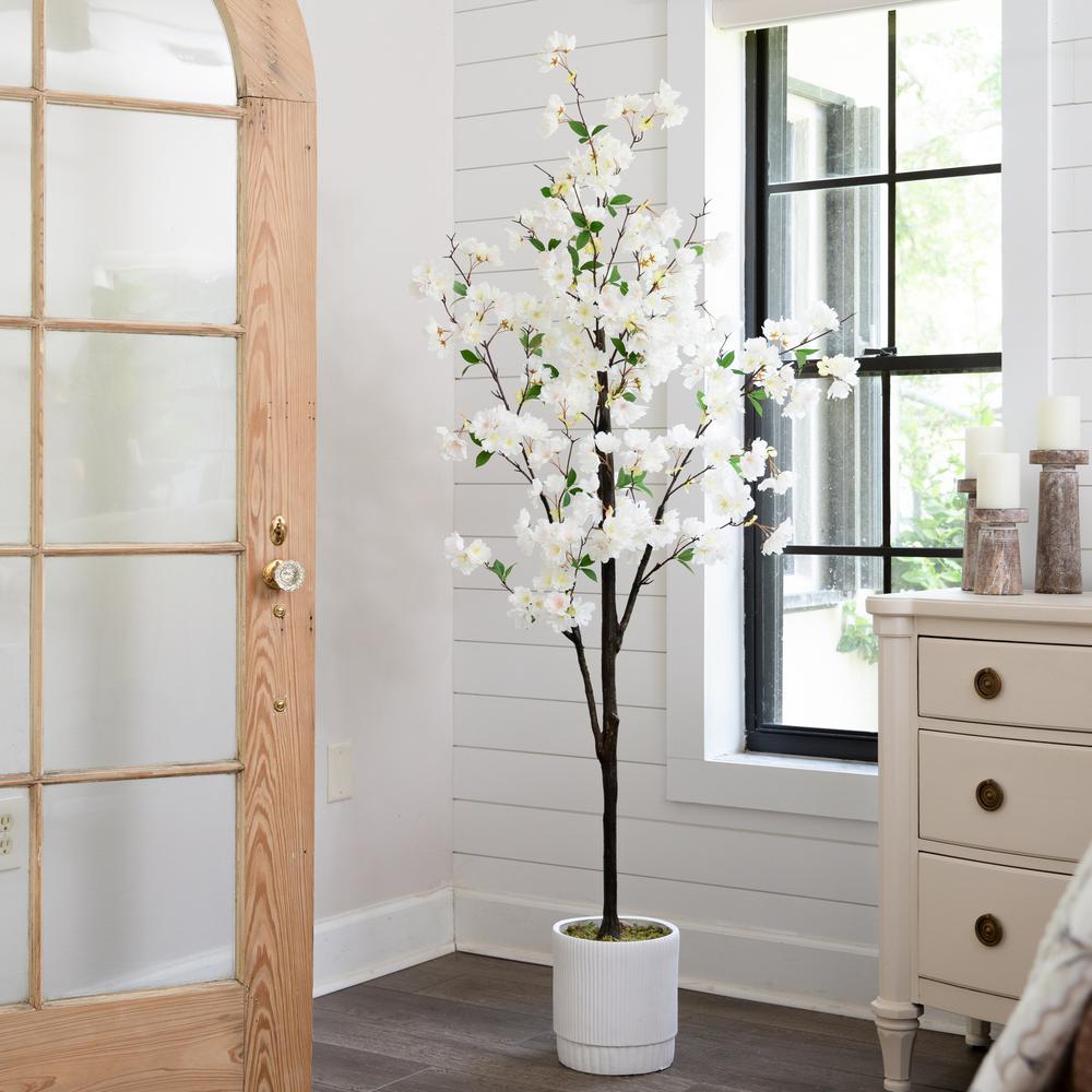 6ft. Artificial Cherry Blossom Tree with White Decorative Planter. Picture 8