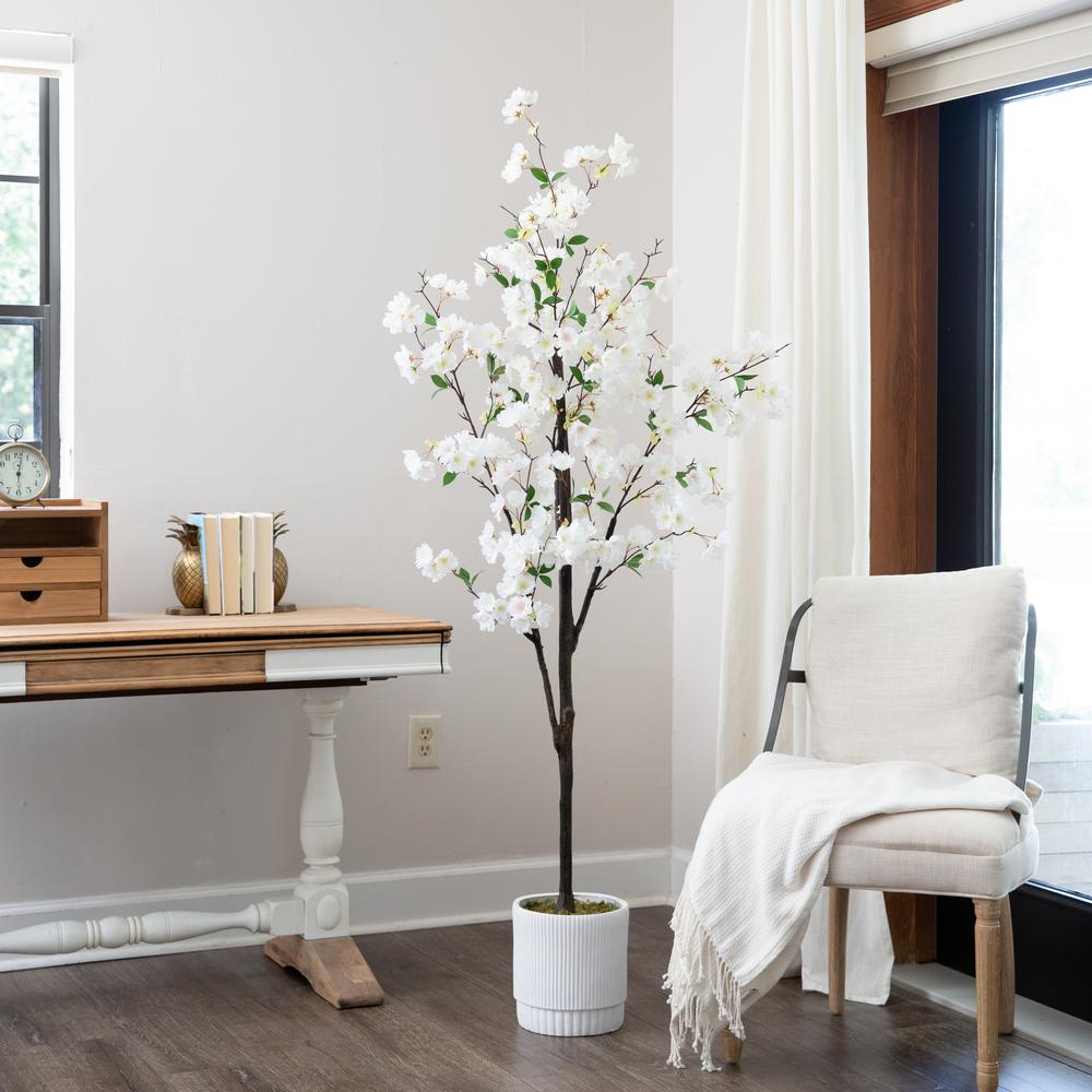 6ft. Artificial Cherry Blossom Tree with White Decorative Planter. Picture 5