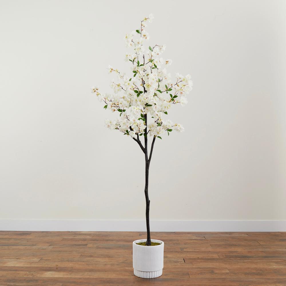 6ft. Artificial Cherry Blossom Tree with White Decorative Planter. Picture 7
