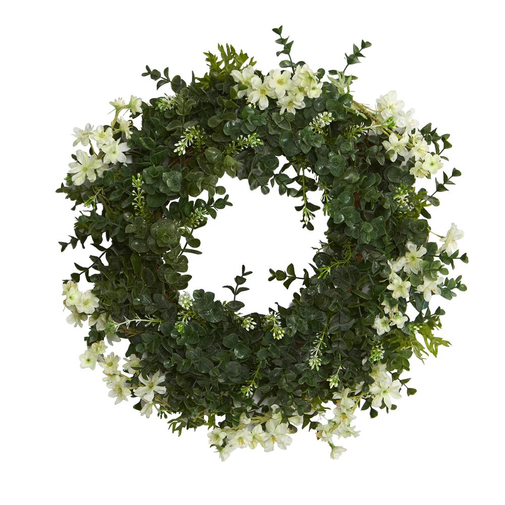 18in. Eucalyptus and Dancing Daisy Double Ring Artificial Wreath with Twig Base. Picture 1