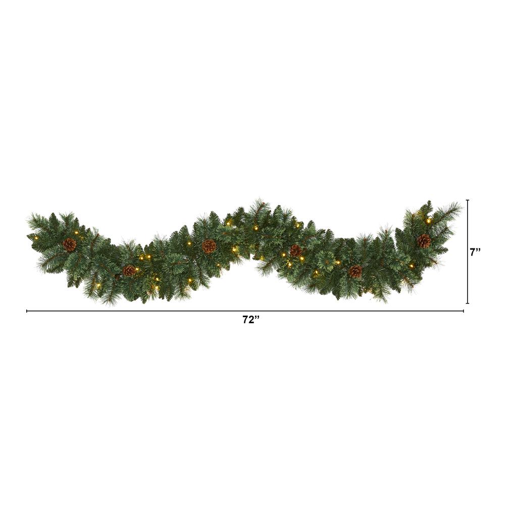 6ft. White Mountain Pine Artificial Garland with 35 White Warm LED Lights and Pinecones. The main picture.
