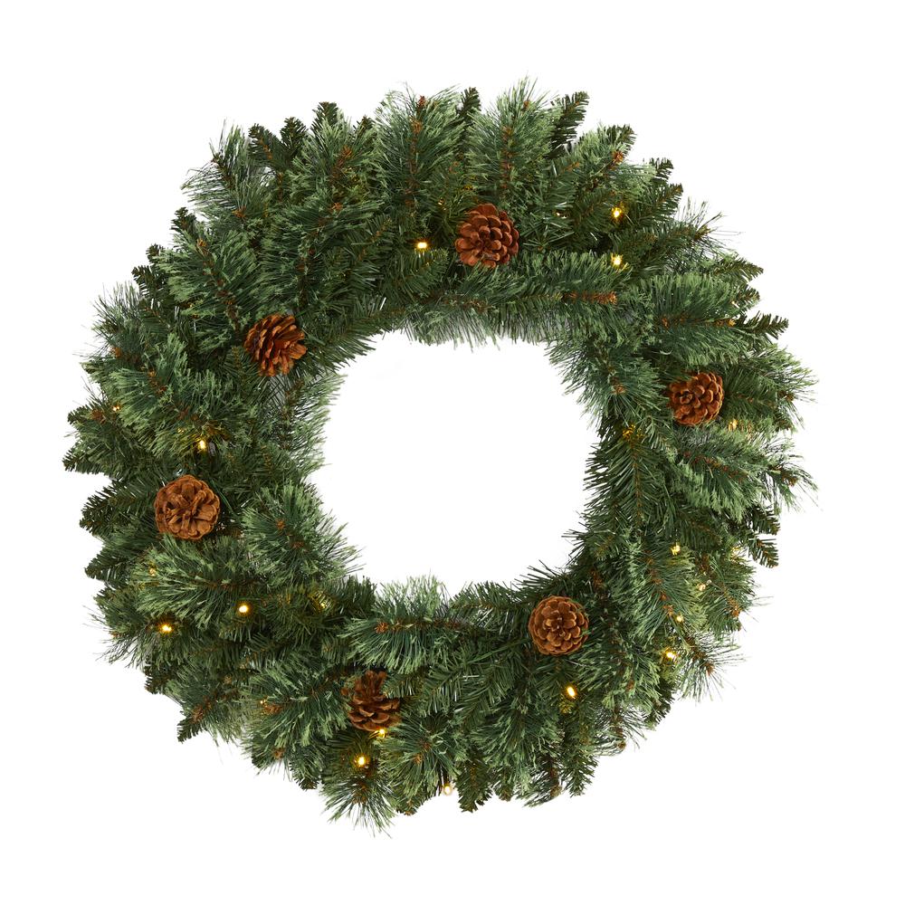 24in. White Mountain Pine Artificial Christmas Wreath with 35 LED Lights and Pinecones. Picture 5
