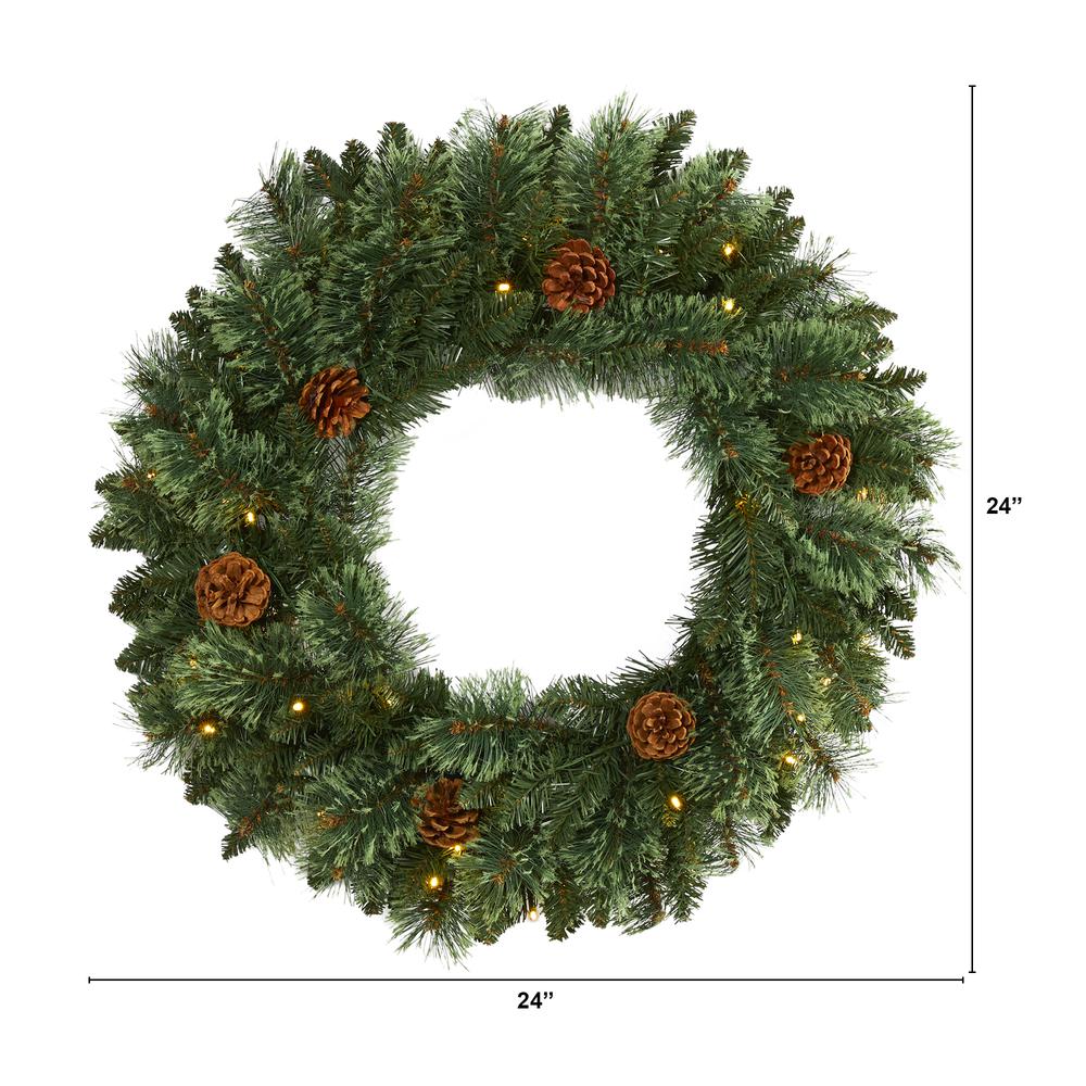 24in. White Mountain Pine Artificial Christmas Wreath with 35 LED Lights and Pinecones. Picture 1