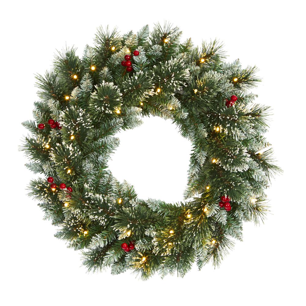 24in. Frosted Swiss Pine Artificial Wreath with 35 Clear LED Lights and Berries. Picture 4