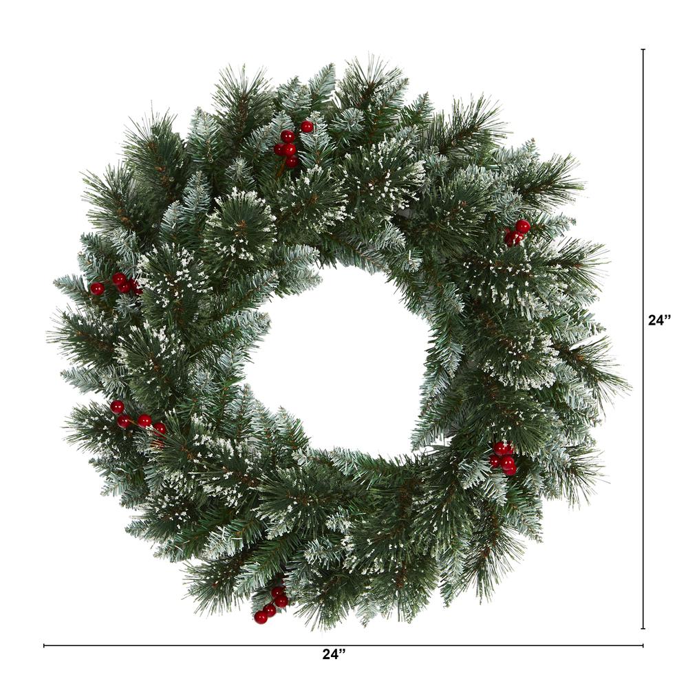 24in. Frosted Swiss Pine Artificial Wreath with 35 Clear LED Lights and Berries. Picture 1