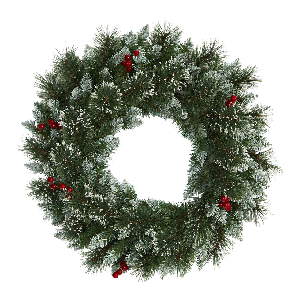 24in. Frosted Swiss Pine Artificial Wreath with 35 Clear LED Lights and Berries. Picture 2