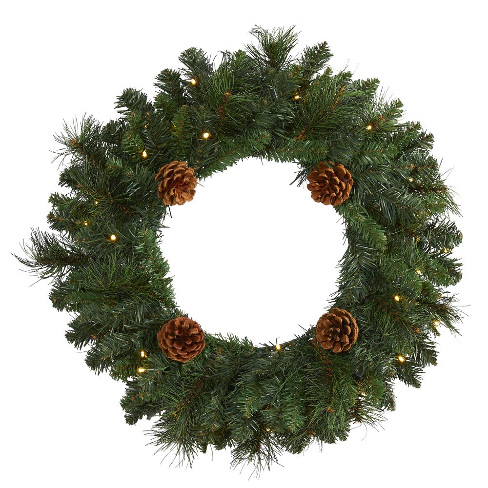 20in. Pine Artificial Christmas Wreath with 35 LED Lights and Pinecones. Picture 5