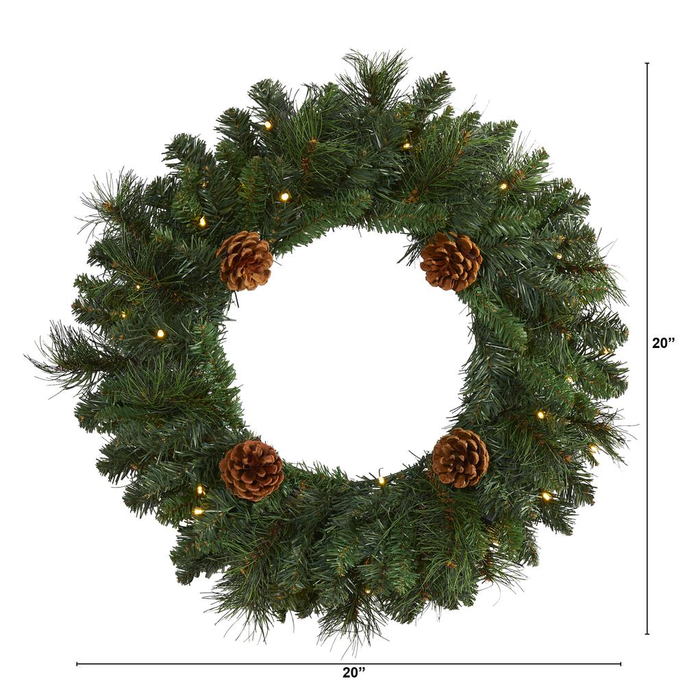 20in. Pine Artificial Christmas Wreath with 35 LED Lights and Pinecones. Picture 1