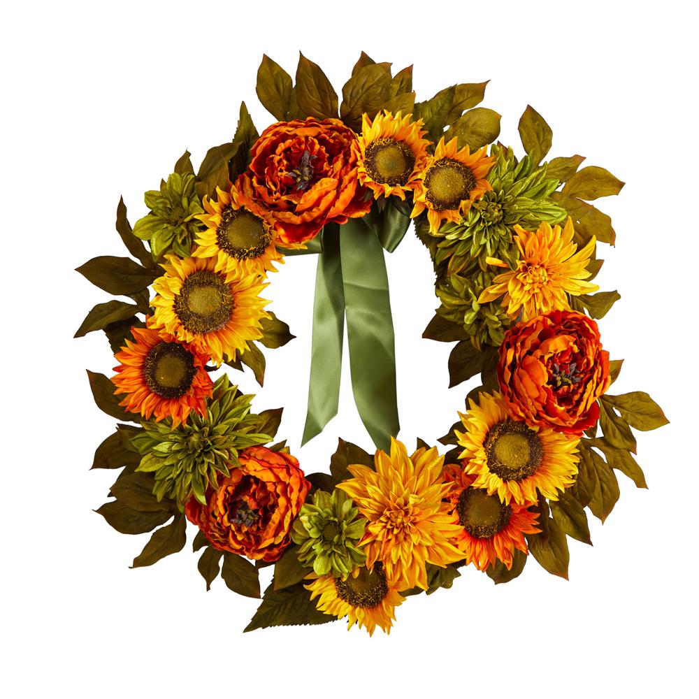 24in. Peony, Dahlia and Sunflower Artificial Wreath. Picture 1