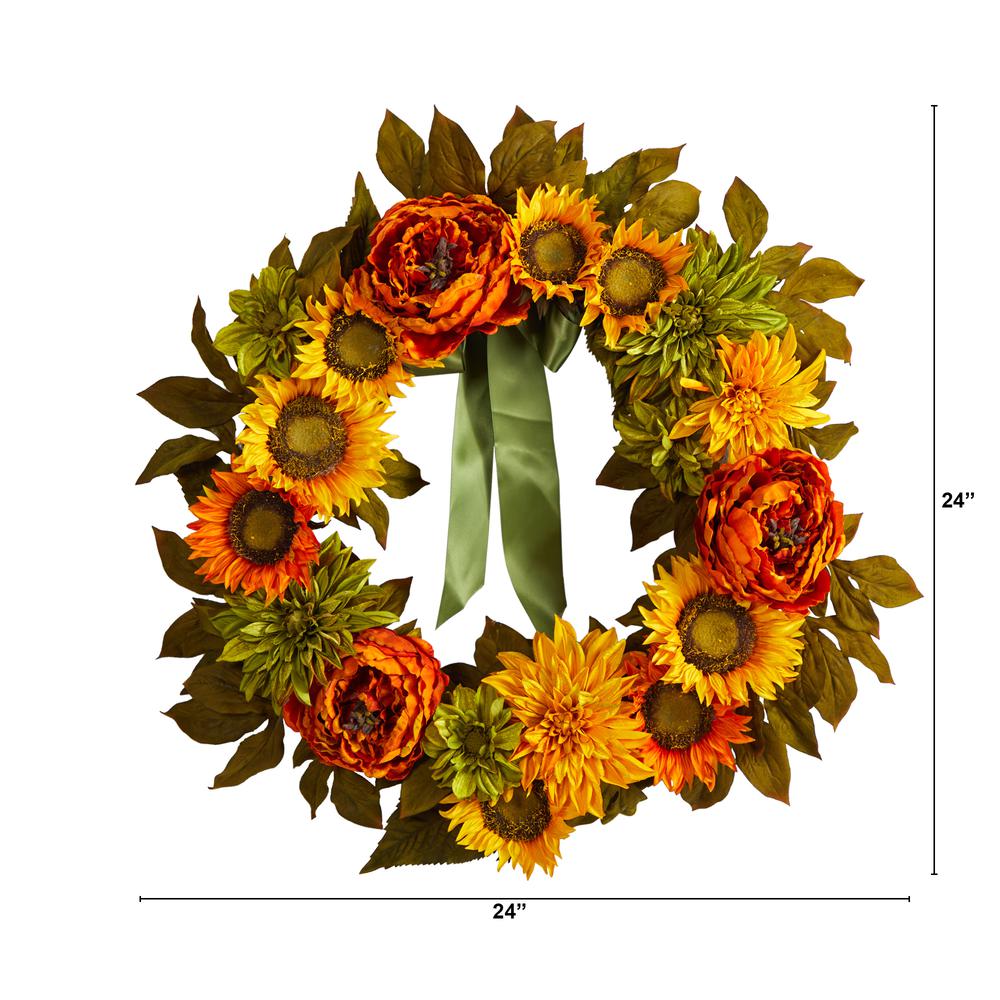 24in. Peony, Dahlia and Sunflower Artificial Wreath. Picture 2