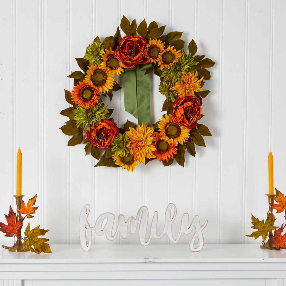 24in. Peony, Dahlia and Sunflower Artificial Wreath. Picture 3