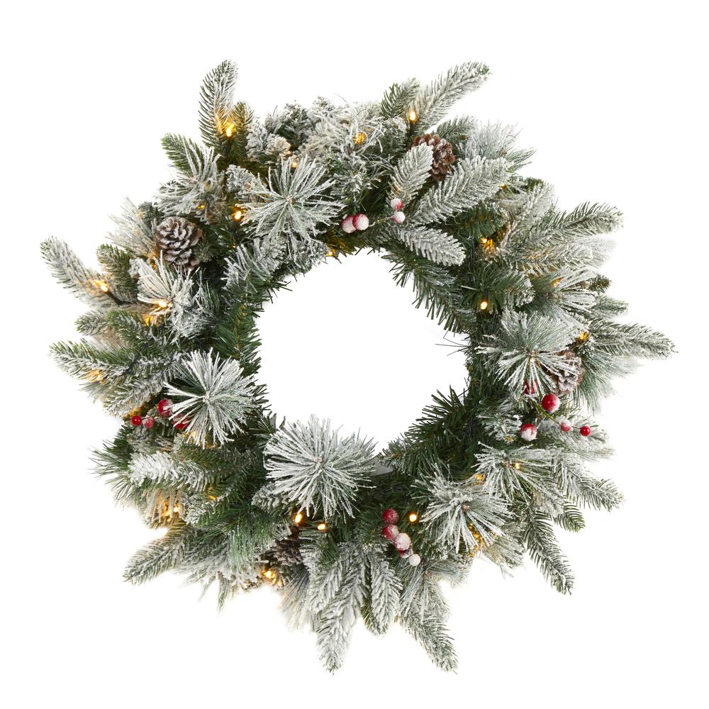 20in. Flocked Mixed Pine Artificial Christmas Wreath with 50 LED Lights, Pine Cones and Berries. Picture 2