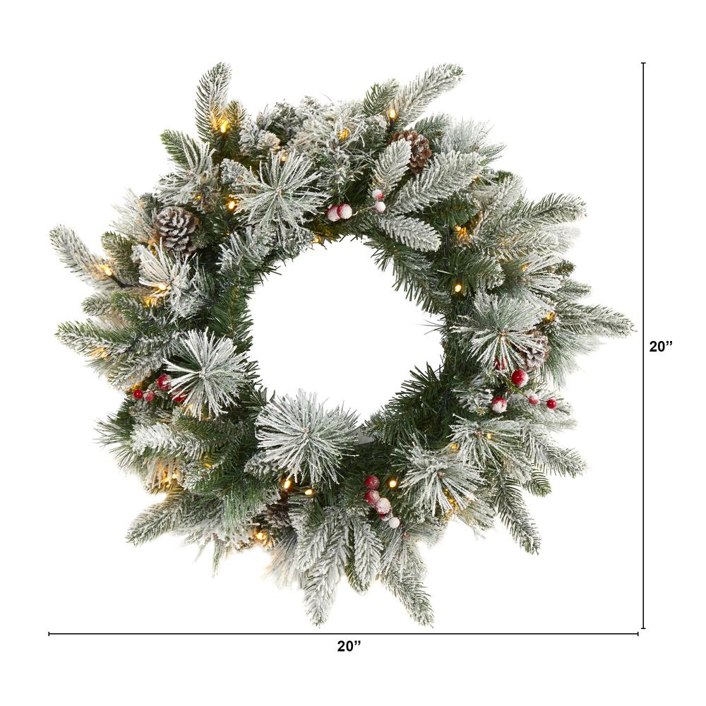 20in. Flocked Mixed Pine Artificial Christmas Wreath with 50 LED Lights, Pine Cones and Berries. Picture 1