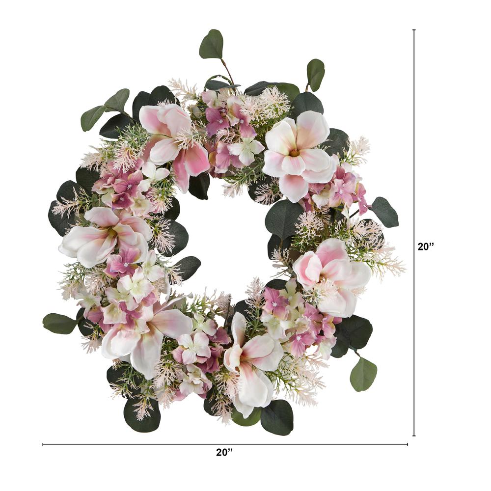 20in. Hydrangea and Magnolia Artificial Wreath. Picture 3