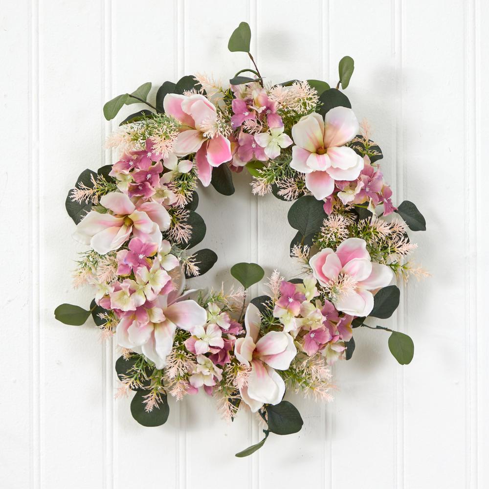 20in. Hydrangea and Magnolia Artificial Wreath. Picture 2