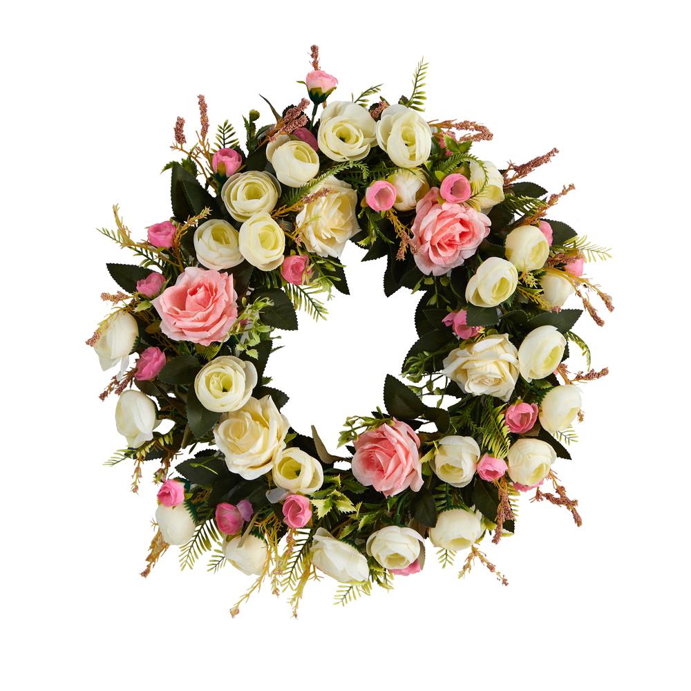 20in. White & Pink Rose Artificial Wreath. Picture 1