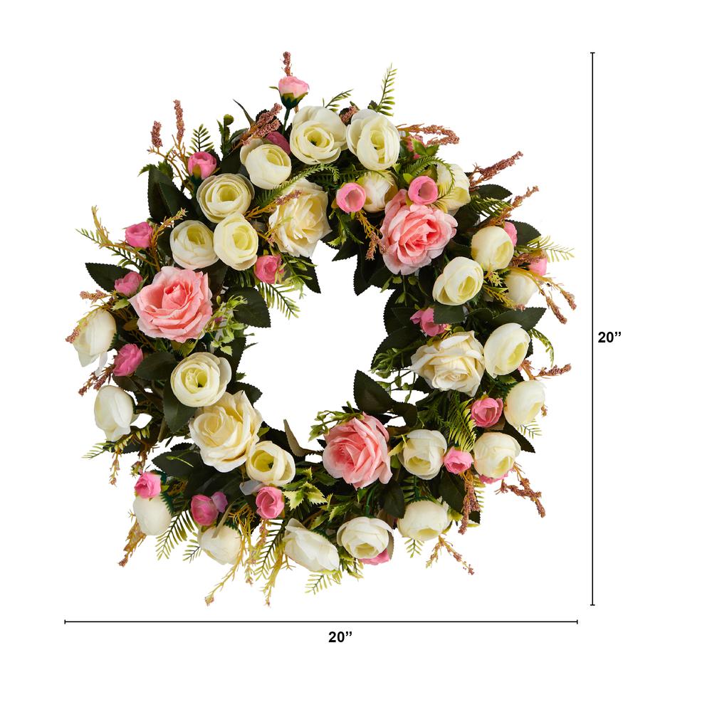 20in. White & Pink Rose Artificial Wreath. Picture 3