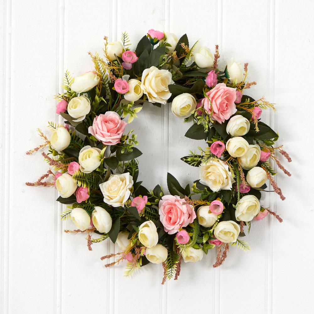 20in. White & Pink Rose Artificial Wreath. Picture 4