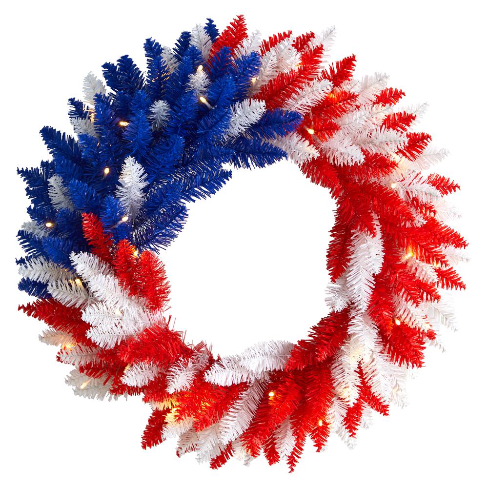 24in. Patriotic Red, White and Blue Americana Wreath with 35 Warm LED Lights. Picture 1