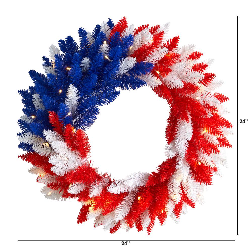 24in. Patriotic Red, White and Blue Americana Wreath with 35 Warm LED Lights. Picture 2