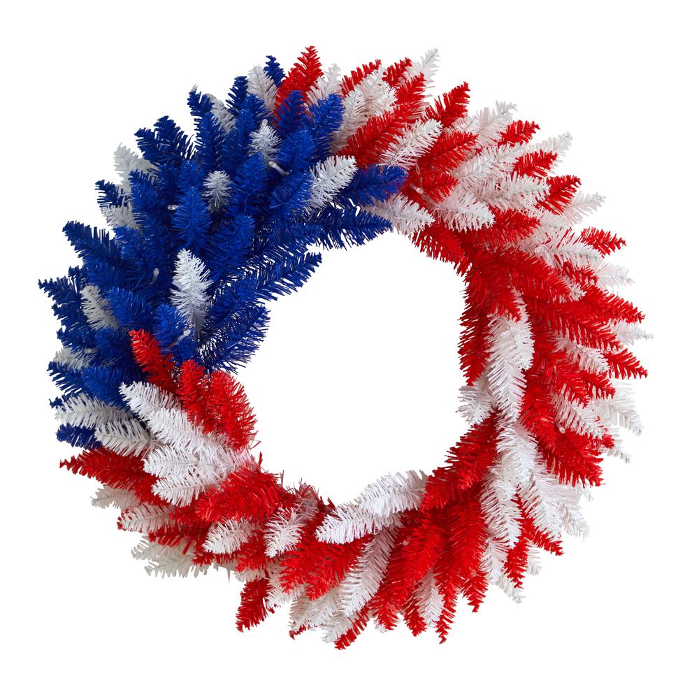 24in. Patriotic Red, White and Blue Americana Wreath with 35 Warm LED Lights. Picture 3