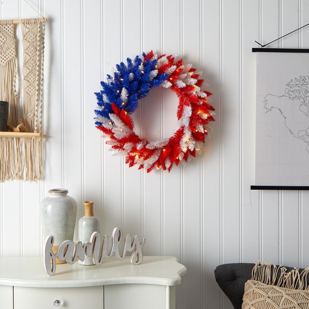 24in. Patriotic Red, White and Blue Americana Wreath with 35 Warm LED Lights. Picture 4