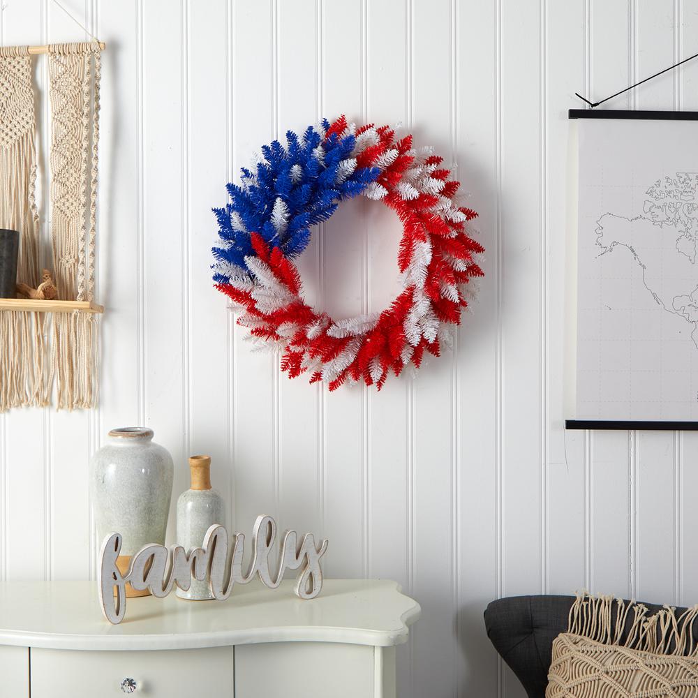 24in. Patriotic Red, White and Blue Americana Wreath with 35 Warm LED Lights. Picture 5