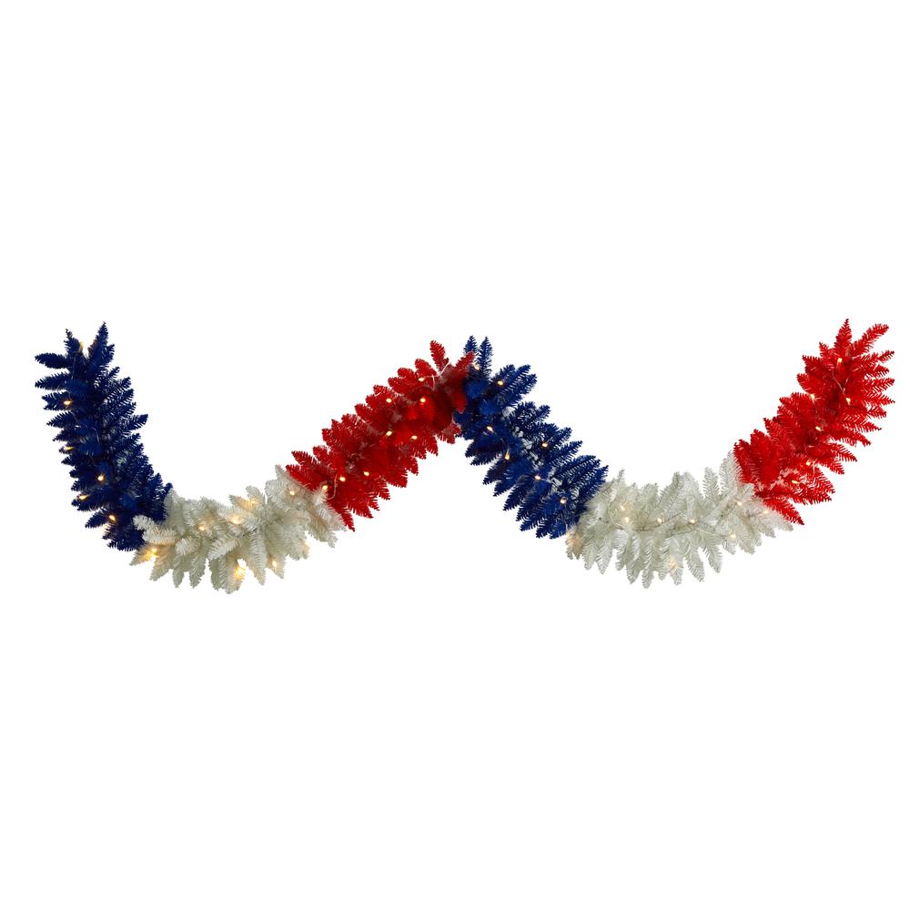 9ft. Red, White and Blue Americana Artificial Garland with 50 Warm LED Lights. Picture 1