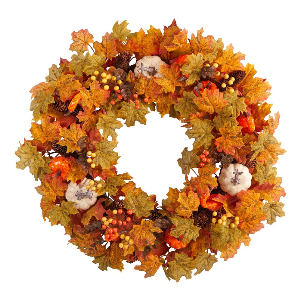 30in. Autumn Pumpkin and Maple Leaf Artificial Fall Wreath. Picture 3