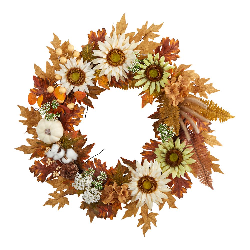 30in. Autumn Sunflower, White Pumpkin and Berries Artificial Fall Wreath. Picture 2