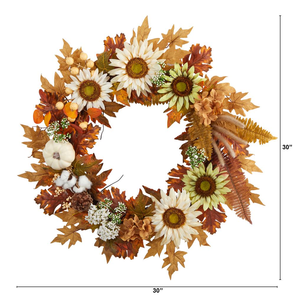 30in. Autumn Sunflower, White Pumpkin and Berries Artificial Fall Wreath. Picture 1