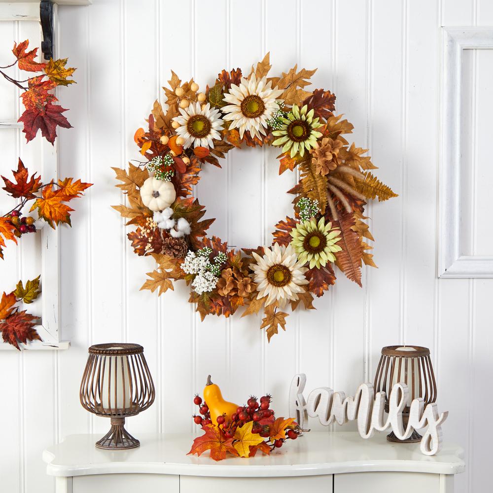 30in. Autumn Sunflower, White Pumpkin and Berries Artificial Fall Wreath. Picture 3