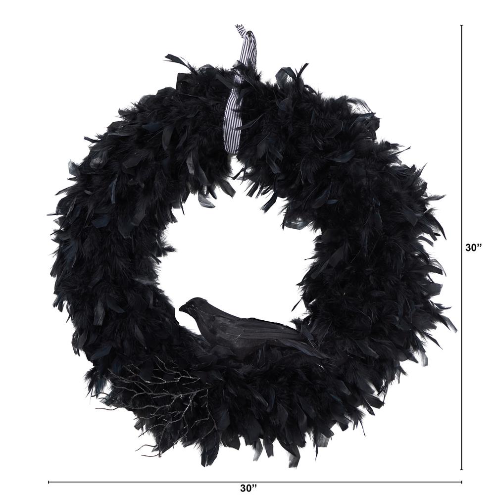30in. Halloween Raven Feather Wreath. Picture 1