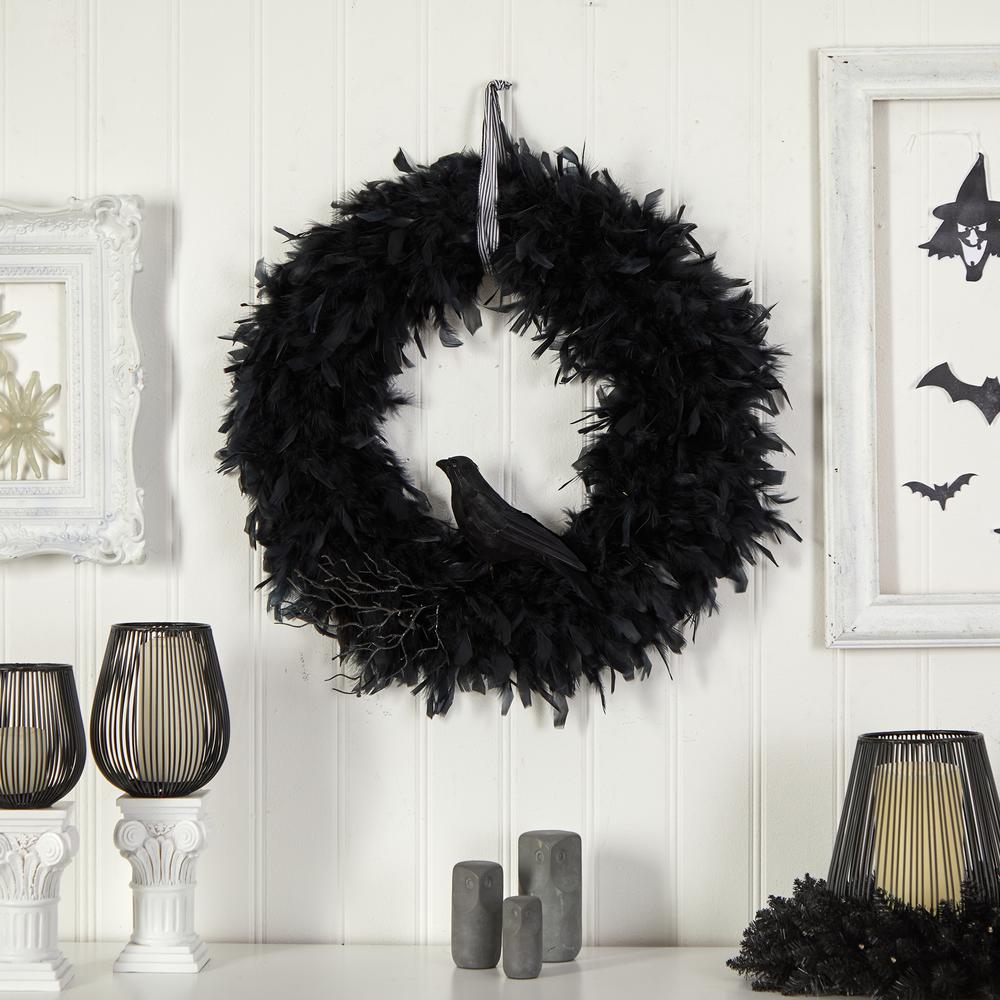 30in. Halloween Raven Feather Wreath. Picture 3