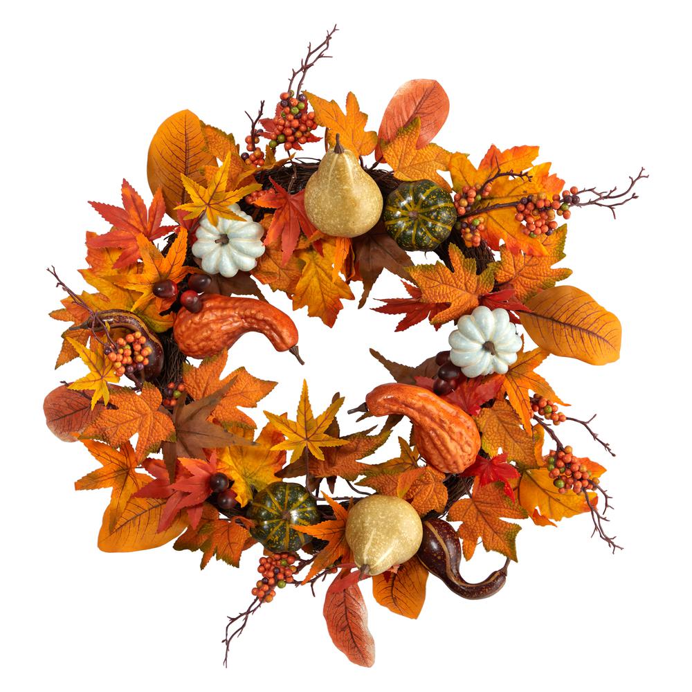 24in. Autumn Pumpkin, Gourd and Berries in Assorted Colors Artificial Fall Wreath. Picture 3