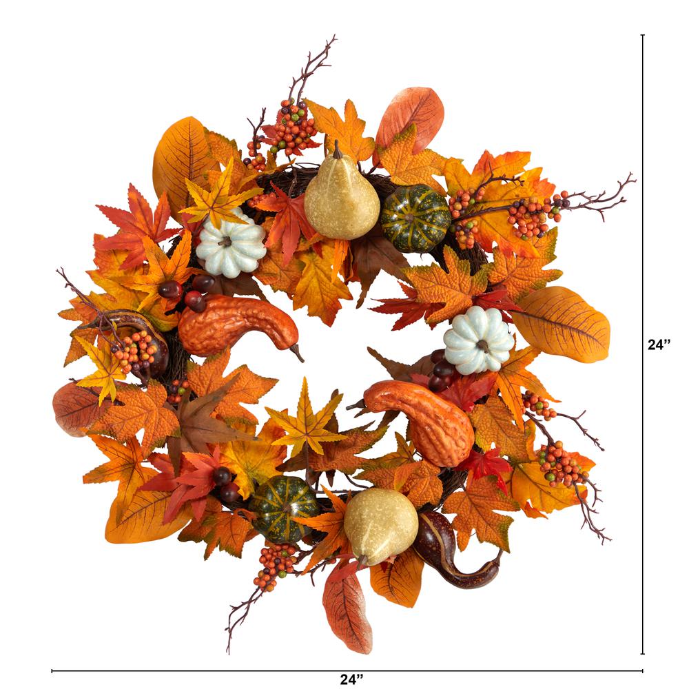 24in. Autumn Pumpkin, Gourd and Berries in Assorted Colors Artificial Fall Wreath. Picture 1