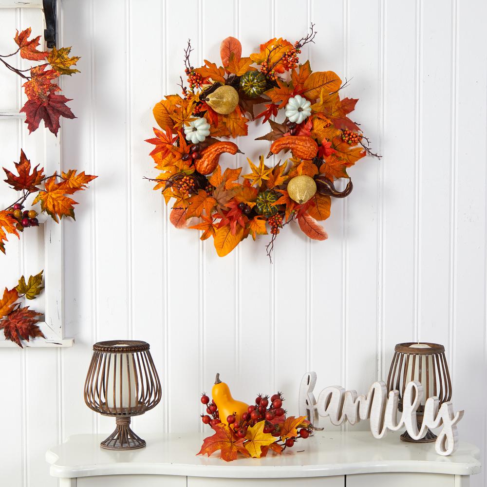 24in. Autumn Pumpkin, Gourd and Berries in Assorted Colors Artificial Fall Wreath. Picture 2