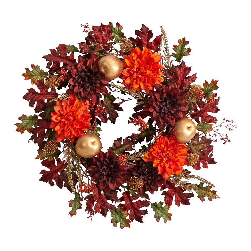 24in. Fall Dahlia, Golden Apple, Oak Leaf and Berries Autumn Artificial Wreath. Picture 3