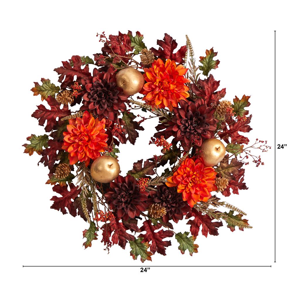 24in. Fall Dahlia, Golden Apple, Oak Leaf and Berries Autumn Artificial Wreath. Picture 1