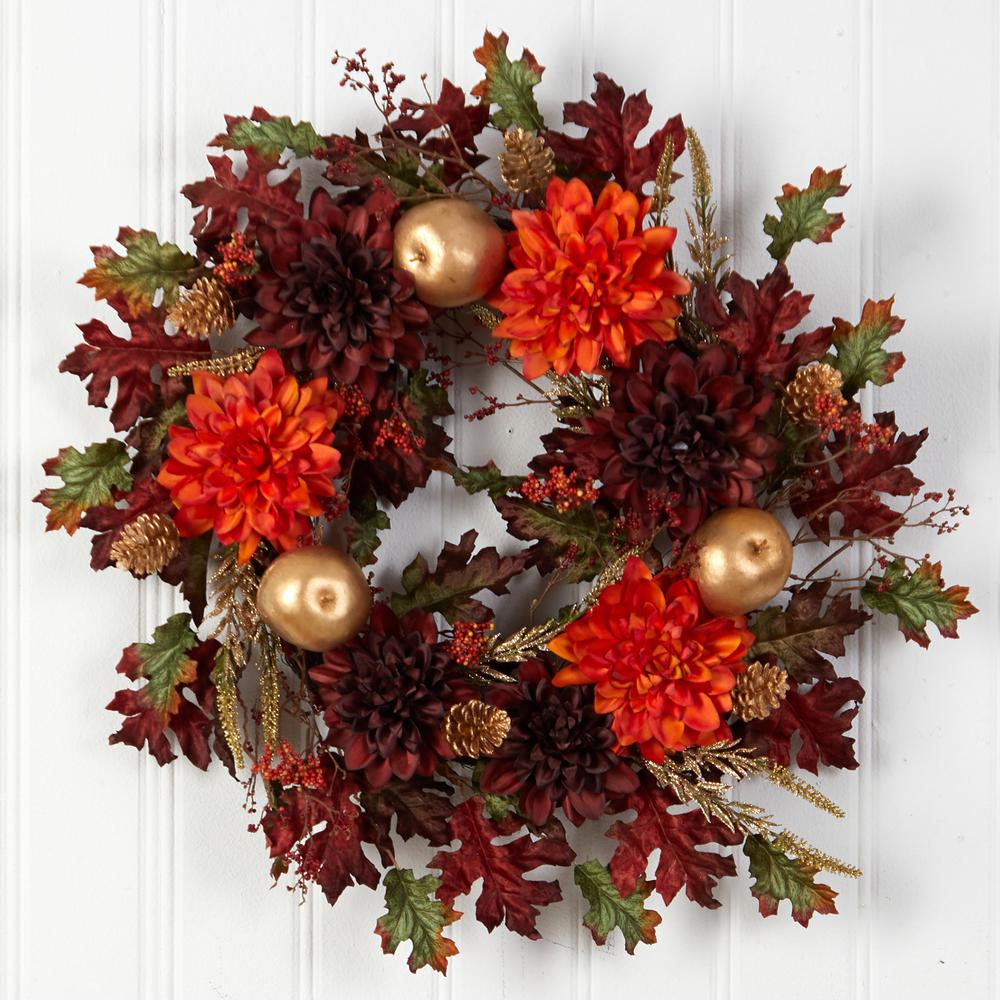 24in. Fall Dahlia, Golden Apple, Oak Leaf and Berries Autumn Artificial Wreath. Picture 2