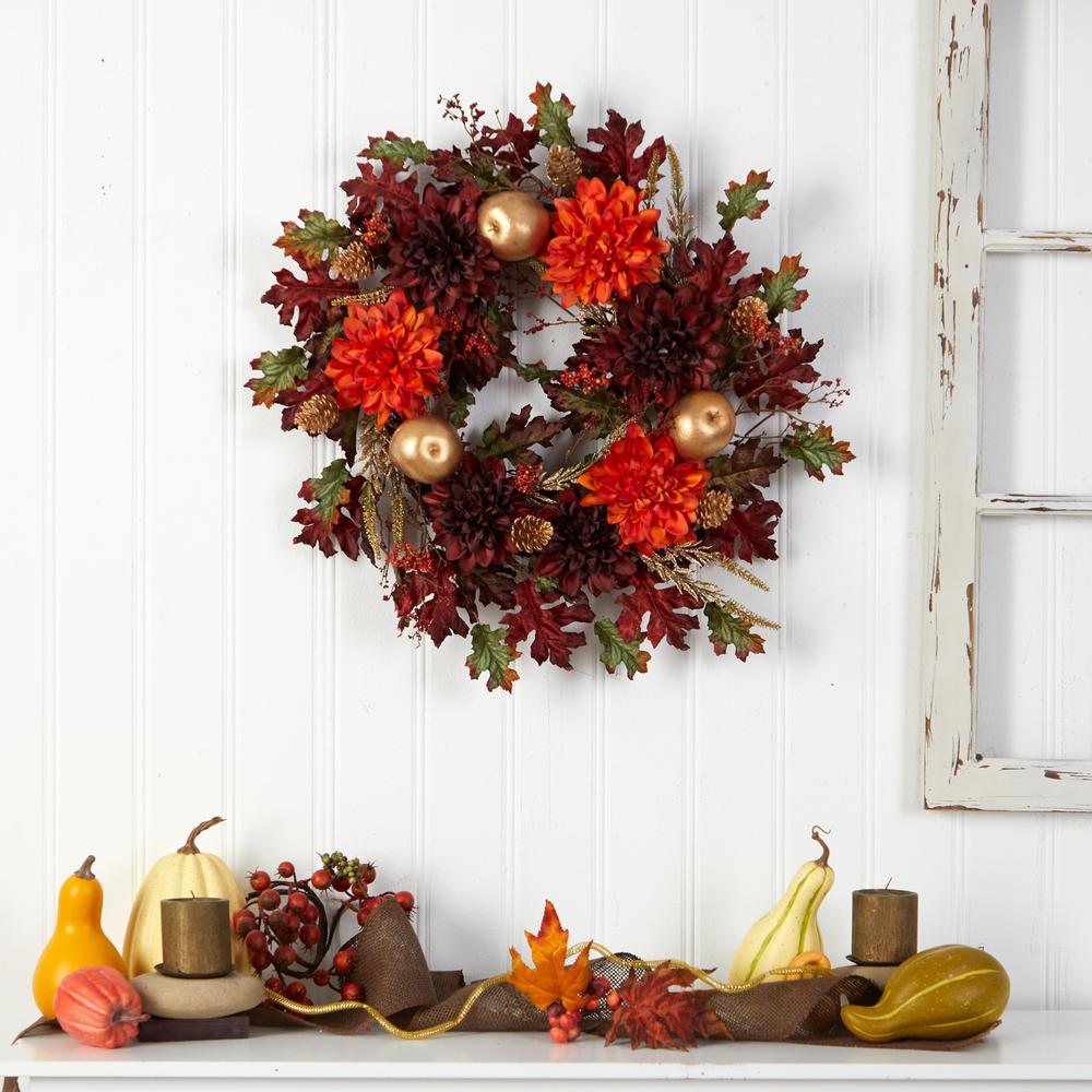 24in. Fall Dahlia, Golden Apple, Oak Leaf and Berries Autumn Artificial Wreath. Picture 4